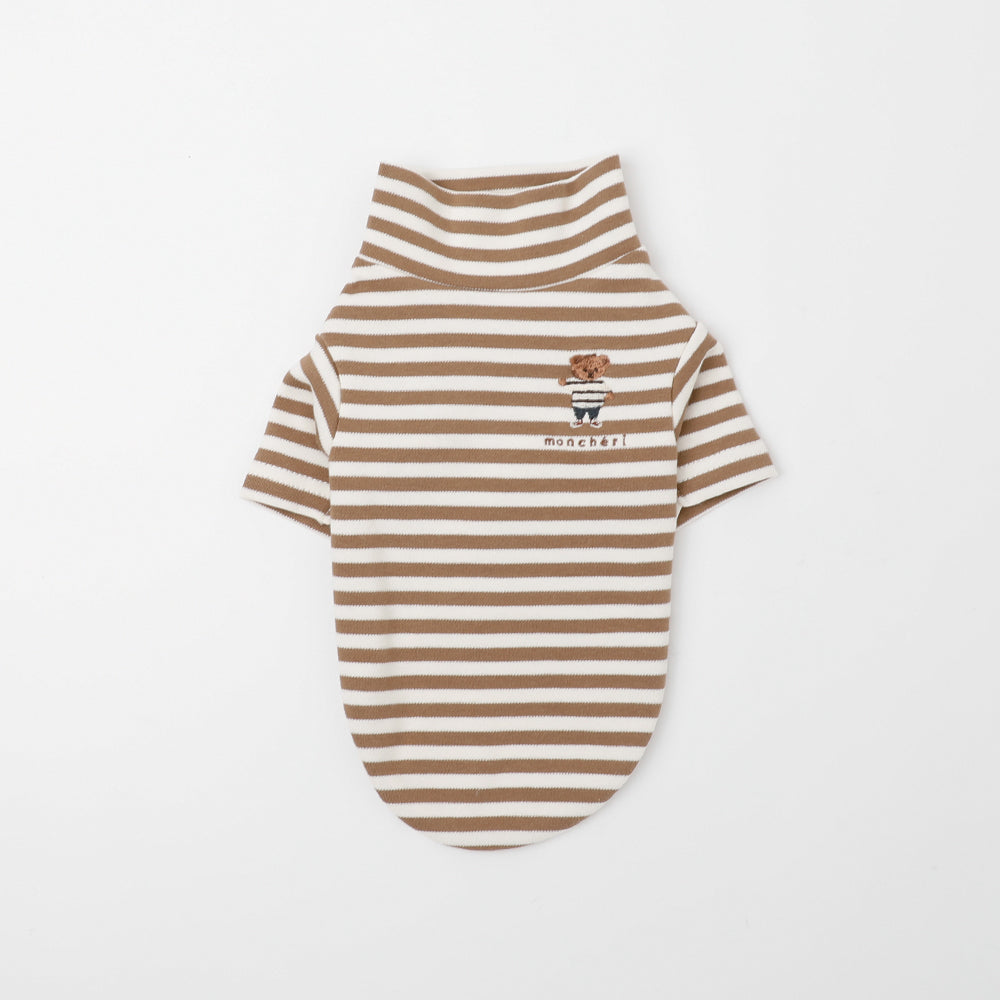 保温ボーダーくまさん刺繍ハイネックトップス