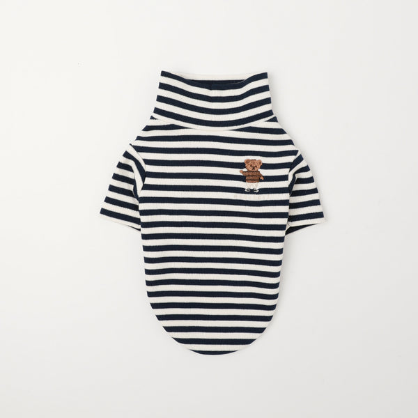 保温ボーダーくまさん刺繍ハイネックトップス