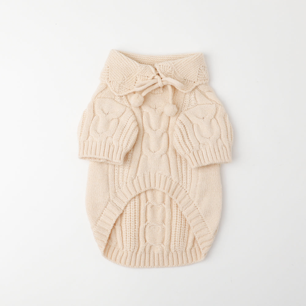 ポンポンリボン襟付きケーブルニットトップス