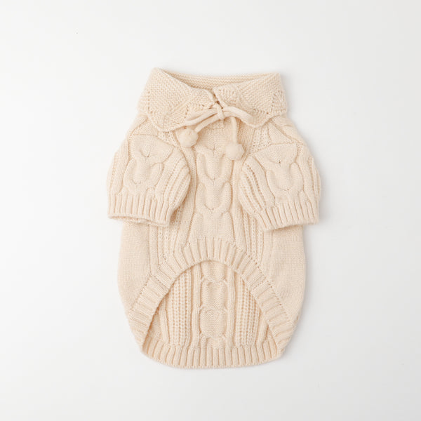 ポンポンリボン襟付きケーブルニットトップス