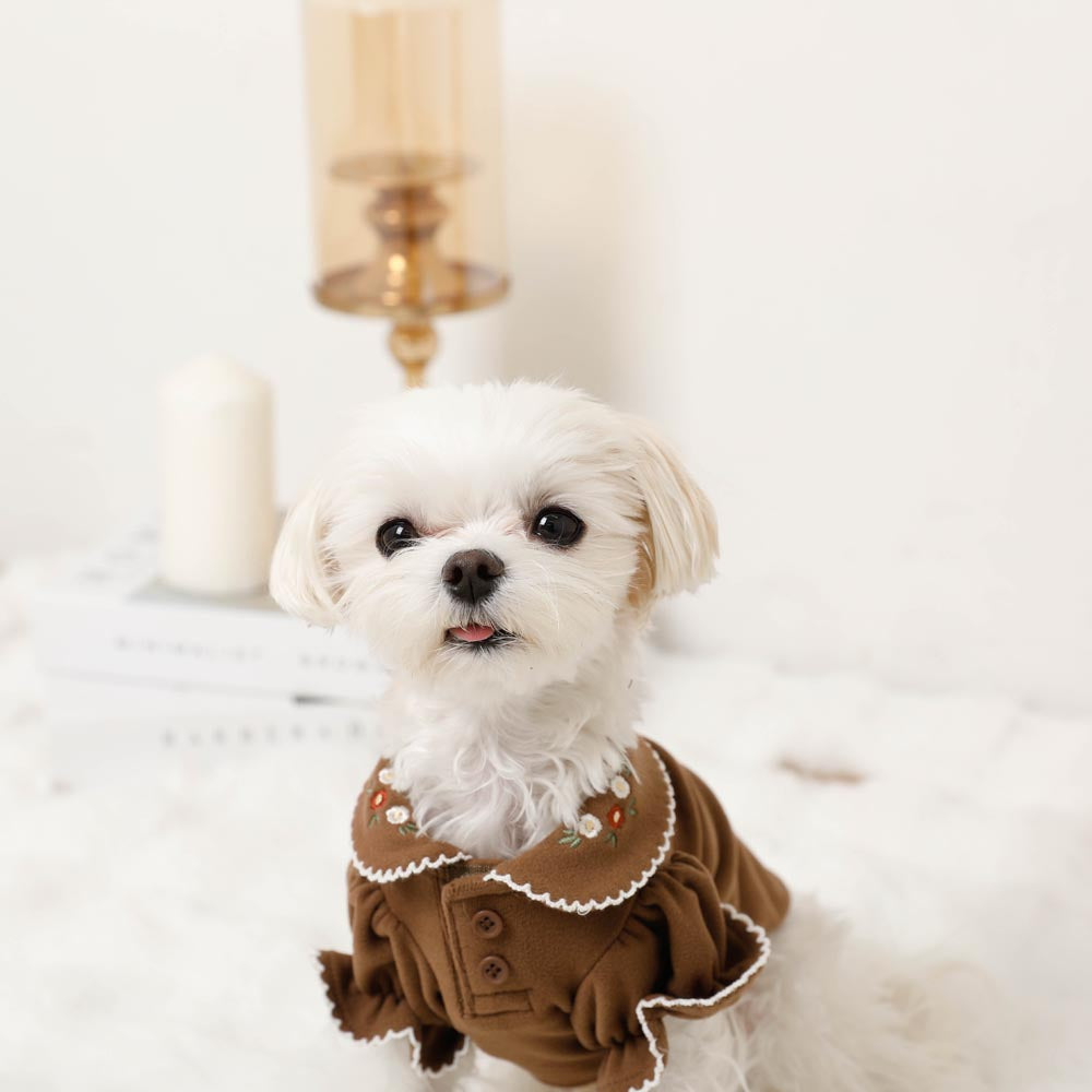 犬用ワンピース 花柄リボン刺繍 パフスリーブ 犬服 花刺繍リボン付き