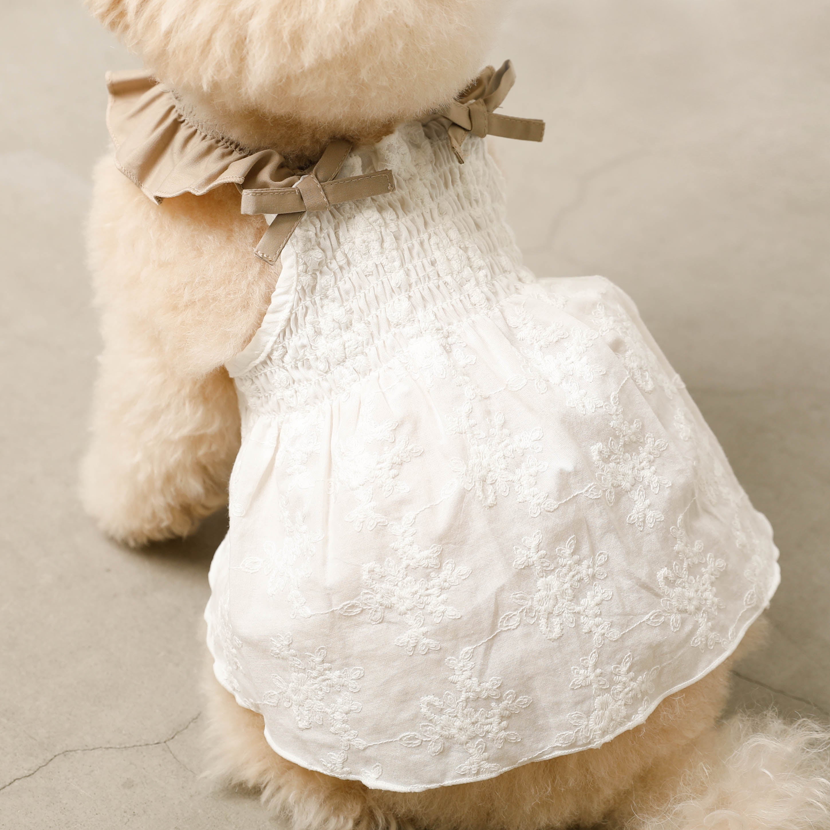 Cool ribbon gathered embroidery dress