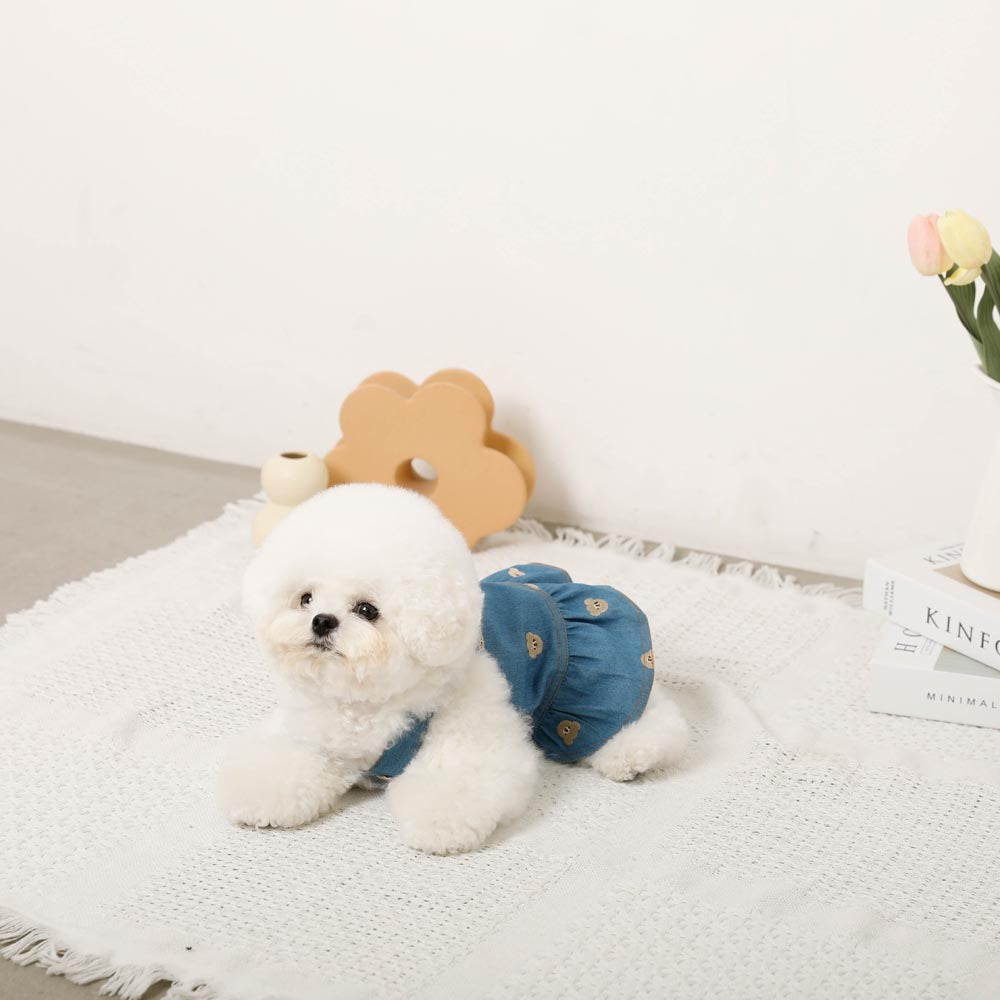 くま刺繍 フリル襟 デニムワンピース くまさん刺繍デニムワンピース