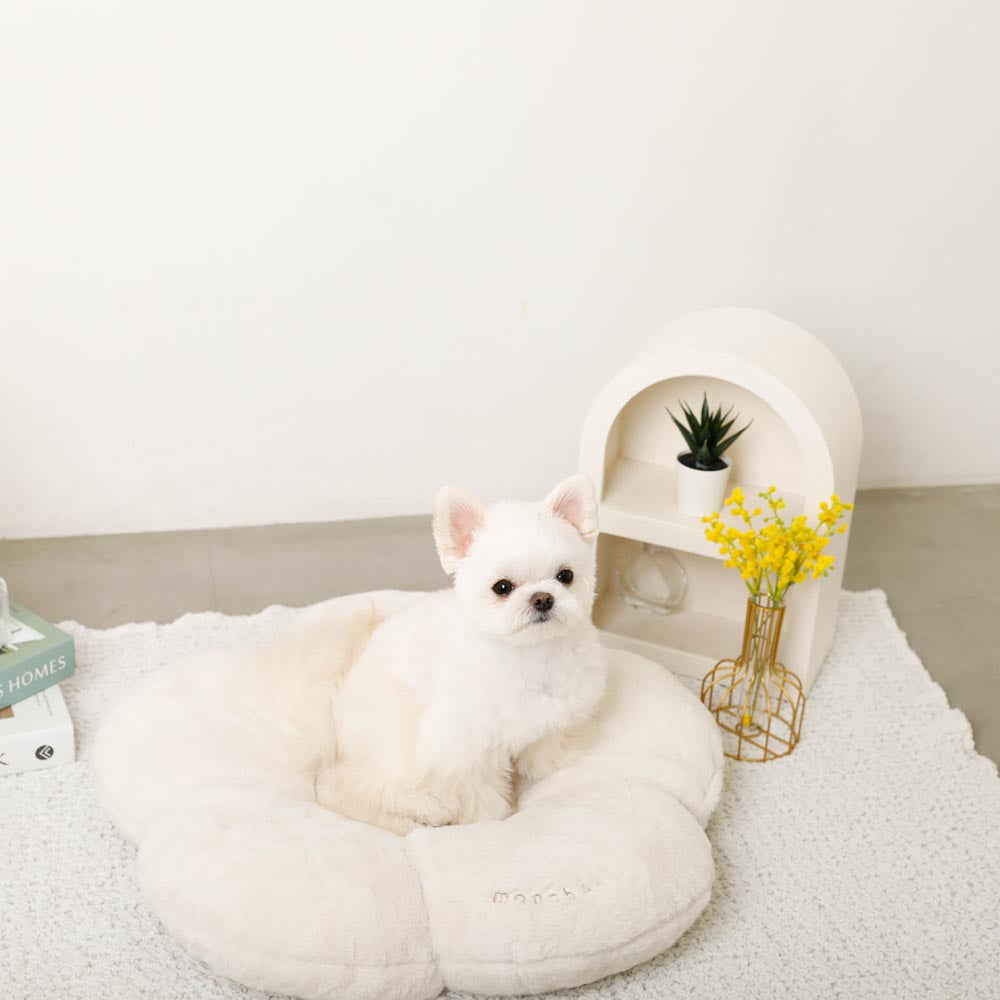 Komorebi 犬用クッションベッド クリーム色 フラワーファークッションベッド