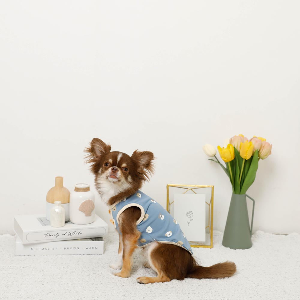 冷感いぬさん柄プリントノースリーブボタン付きトップス