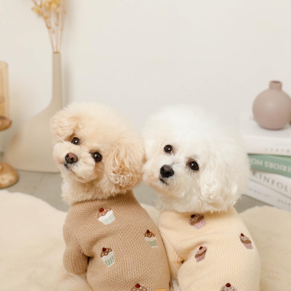 PINKHOUSE　テリア　ベージュ　犬　ニット　刺繍 カップケーキ刺繍ニット