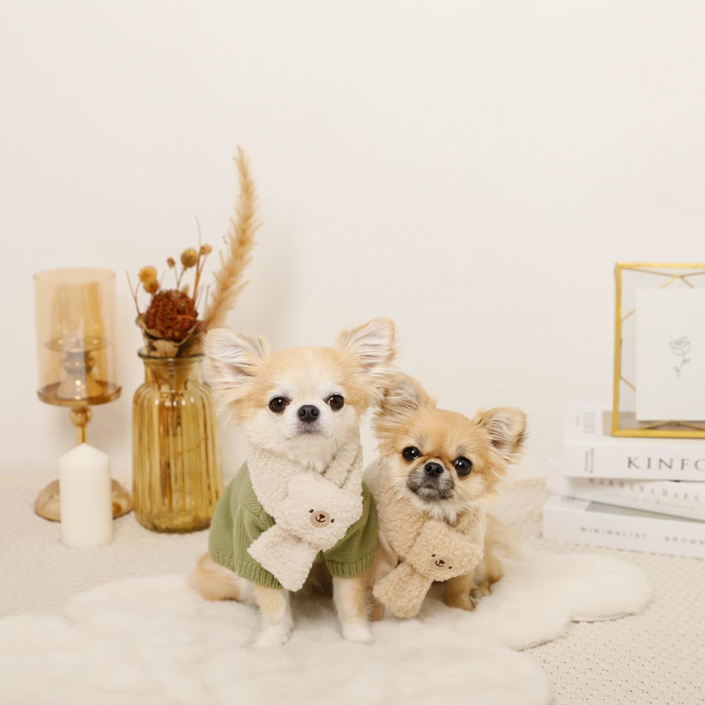 YangErdaMeng 立体 テディ子犬 マフラー リボン シャギー ベージュ くまさんボアマフラー【名入れ刺繍対応】