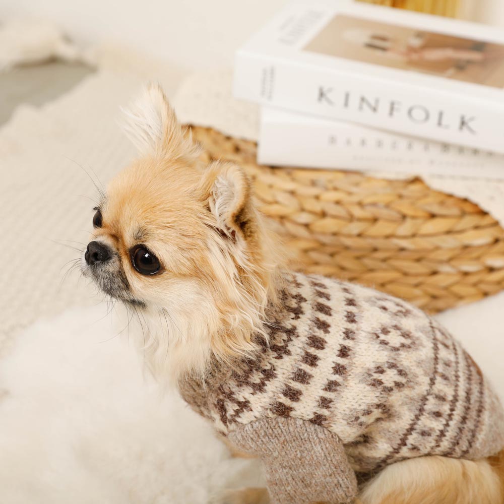 英字柄裏毛ニットの犬の服 ノルディック柄ニット