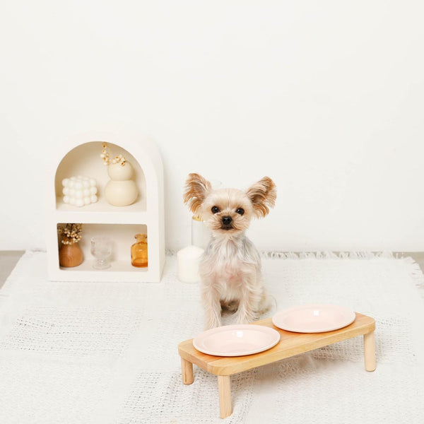 Natural Wood Double Food Bowl