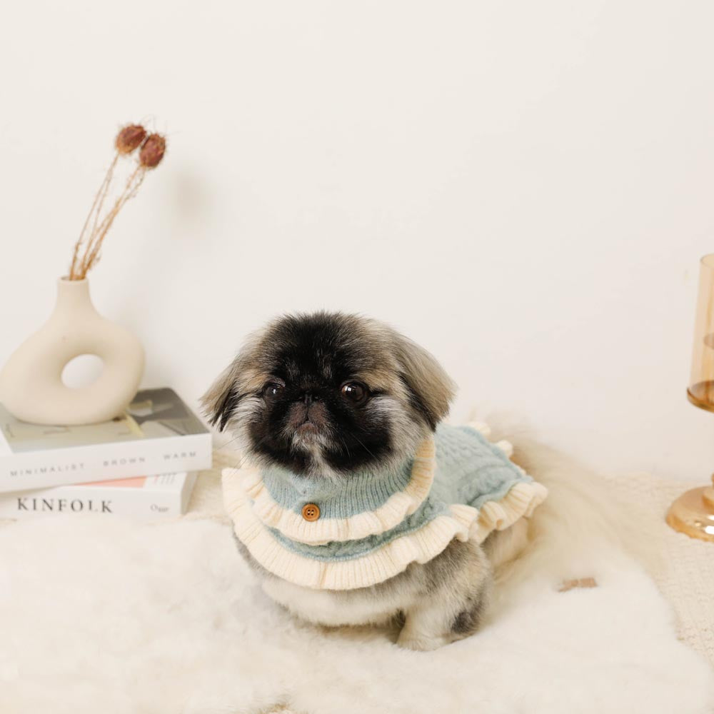 Bicolor frilled cable knit poncho