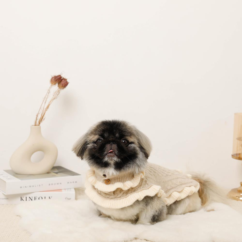 Bicolor frilled cable knit poncho