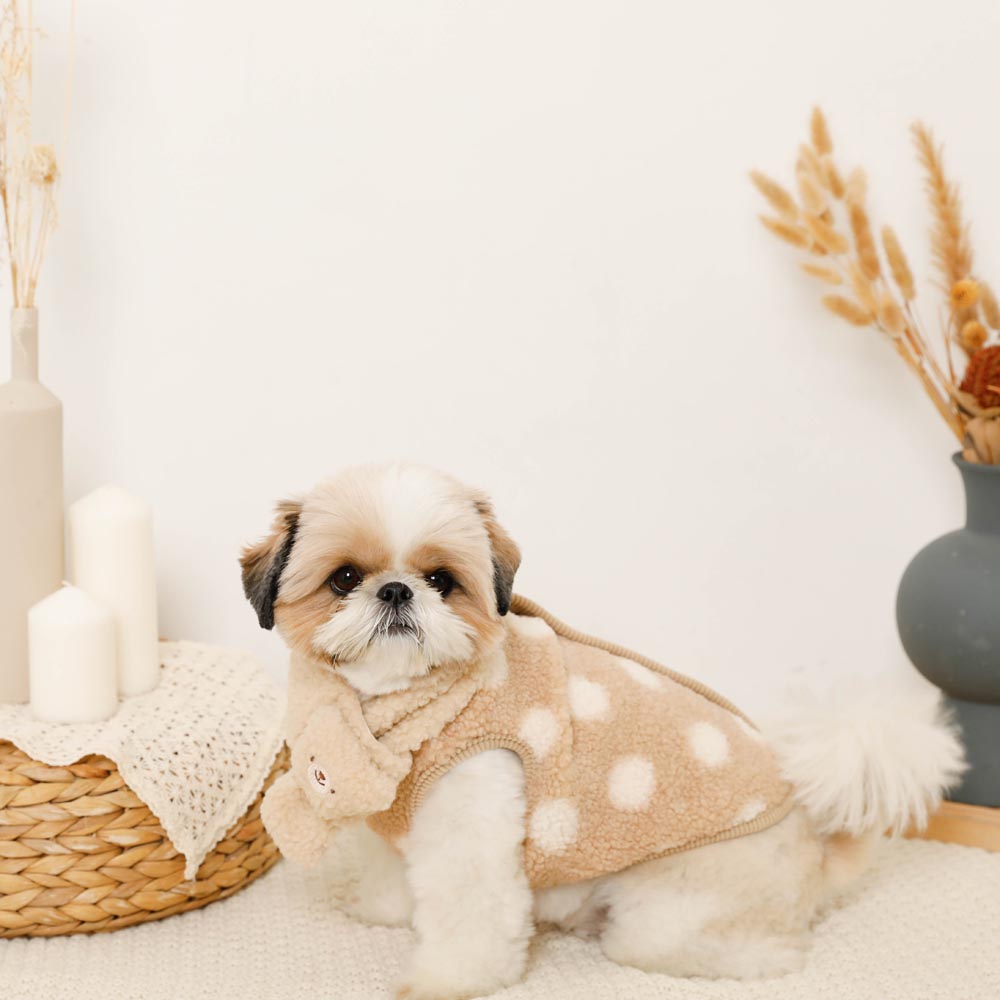 YangErdaMeng 立体 テディ子犬 マフラー リボン シャギー ベージュ くまさんボアマフラー【名入れ刺繍対応】