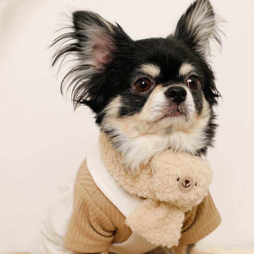 YangErdaMeng 立体 テディ子犬 マフラー リボン シャギー ベージュ くまさんボアマフラー【名入れ刺繍対応】