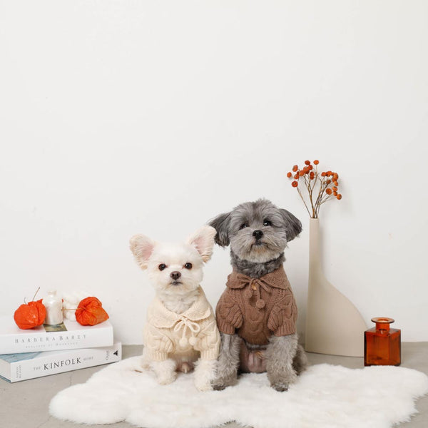 ポンポンリボン襟付きケーブルニットトップス