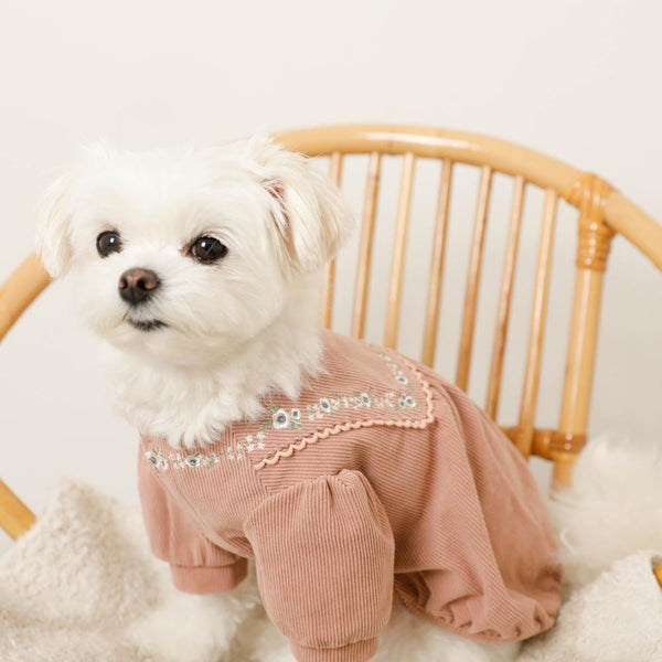 Corduroy Flower Pattern Pico Lace puff Sleeve dress