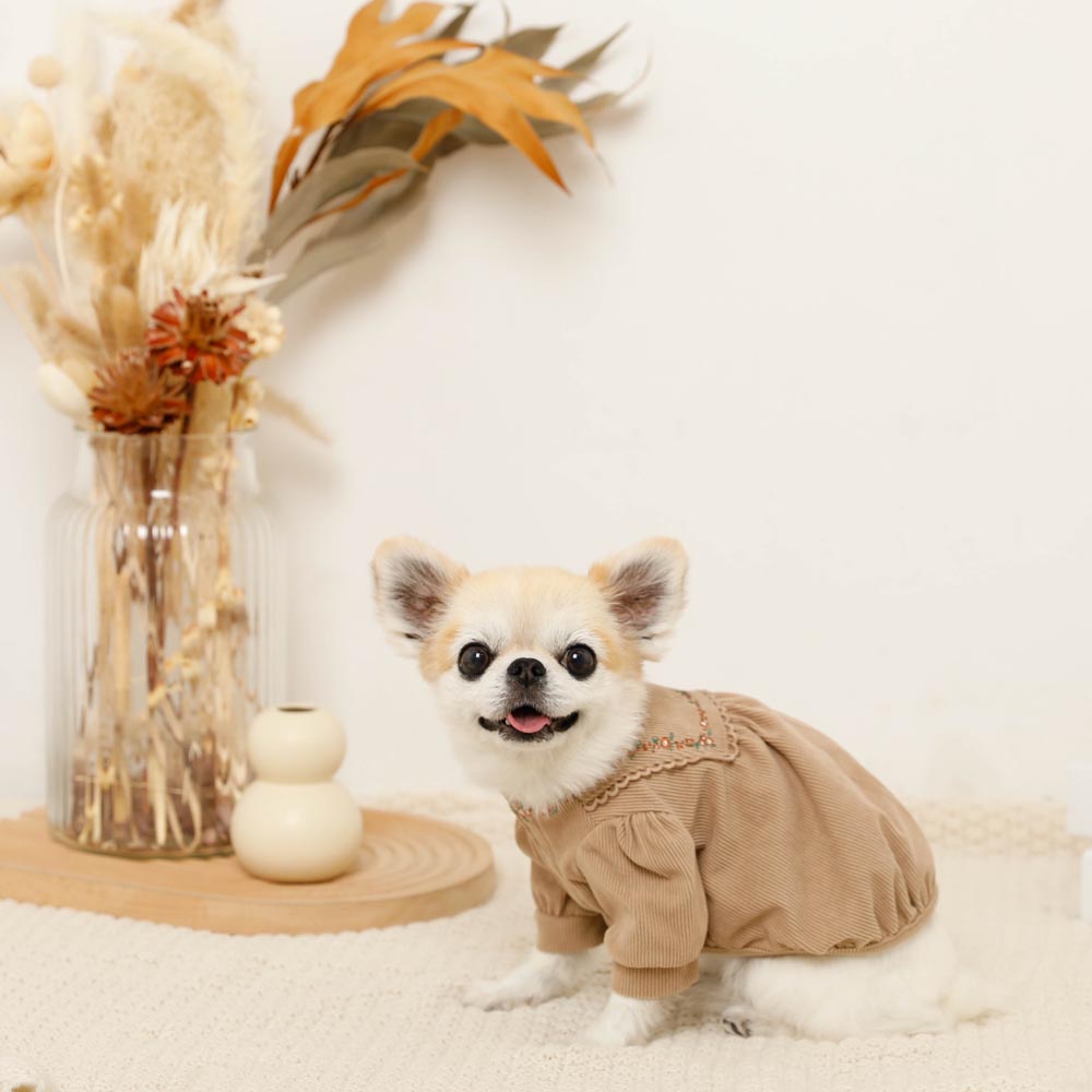 コーデュロイ花柄刺繍ピコレースパフスリーブワンピース