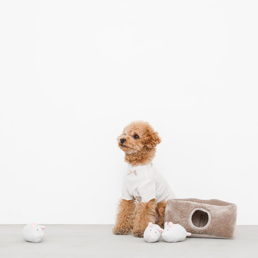 Three mice toy with house