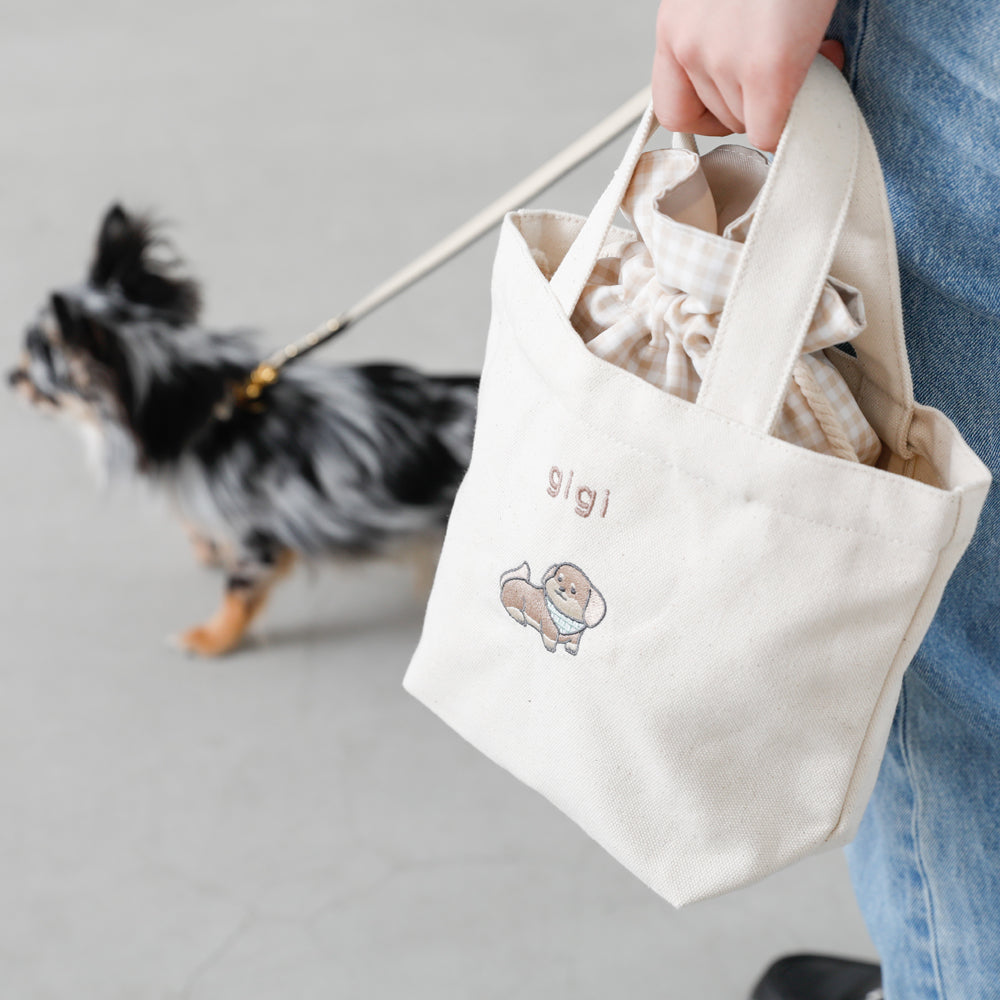 横ギャザーポケット付きトートバッグ フランシュリッペ犬柄 じゅんコラボキャンバストートバッグ＋巾着SET【名入れ刺繍対応】