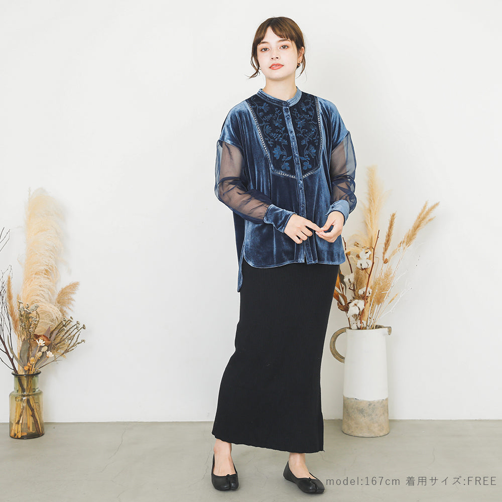 [Link coordination SET] Velor x sheer sleeve shirt