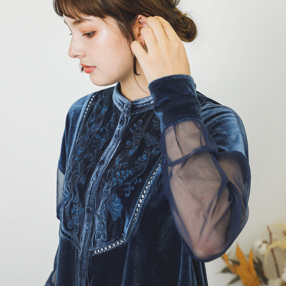 [Link coordination SET] Velor x sheer sleeve shirt