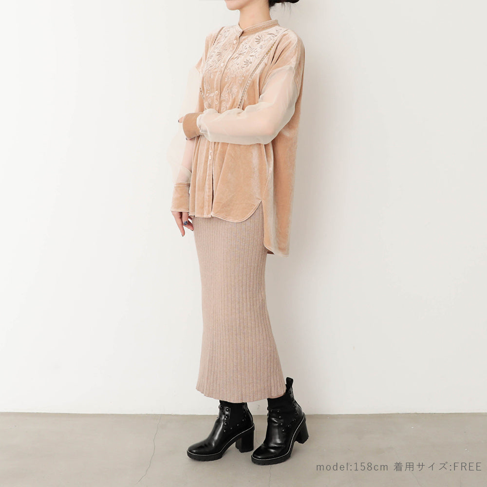 [Link coordination SET] Velor x sheer sleeve shirt