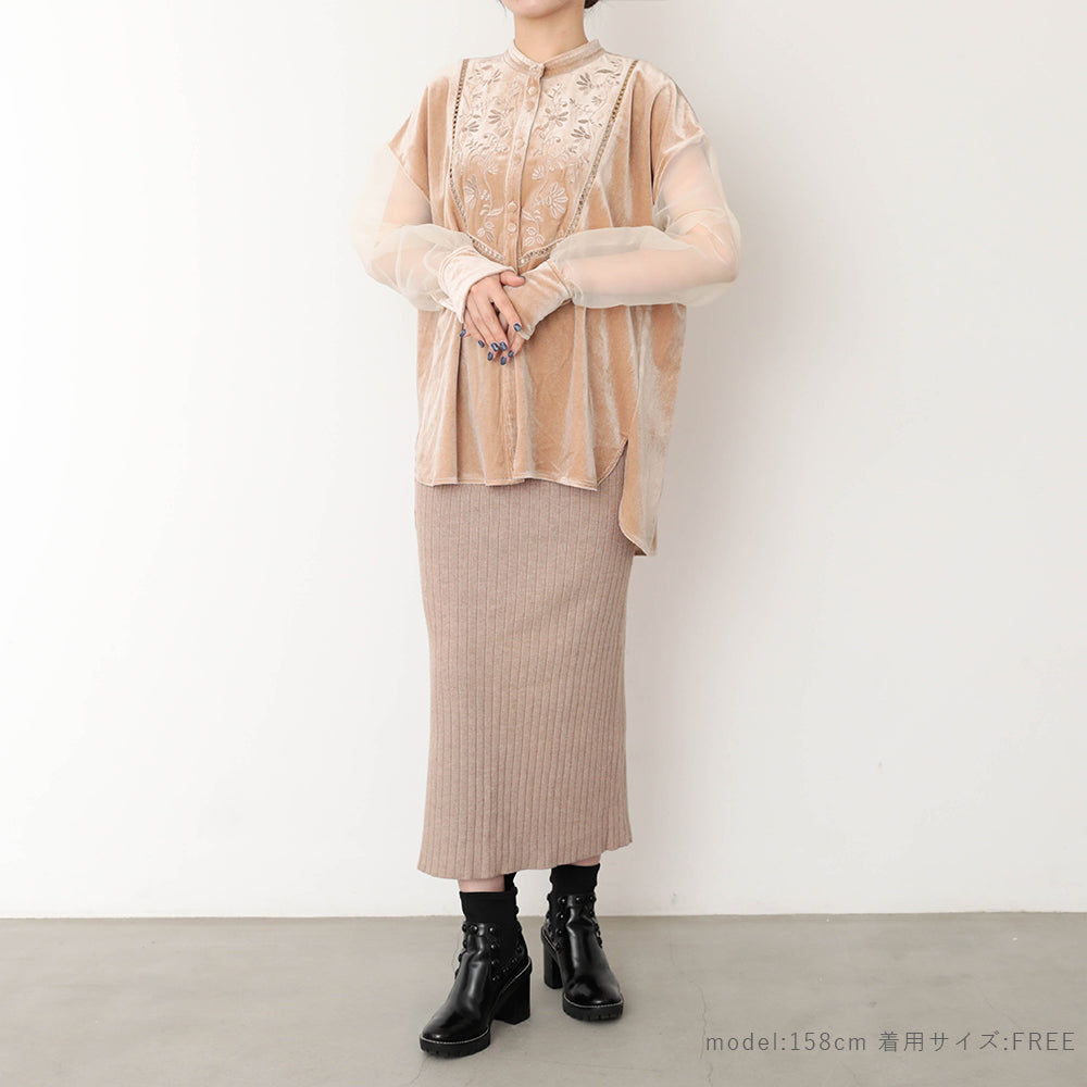 [Link coordination SET] Velor x sheer sleeve shirt