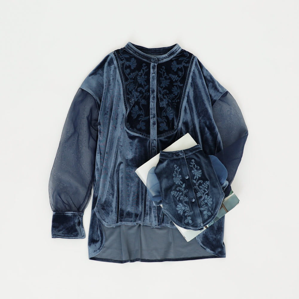 [Link coordination SET] Velor x sheer sleeve shirt